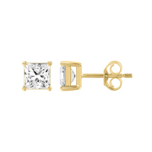 4-Prong Basket Princess Lab Grown Diamond Stud Earrings 1 ct Yellow Gold down view