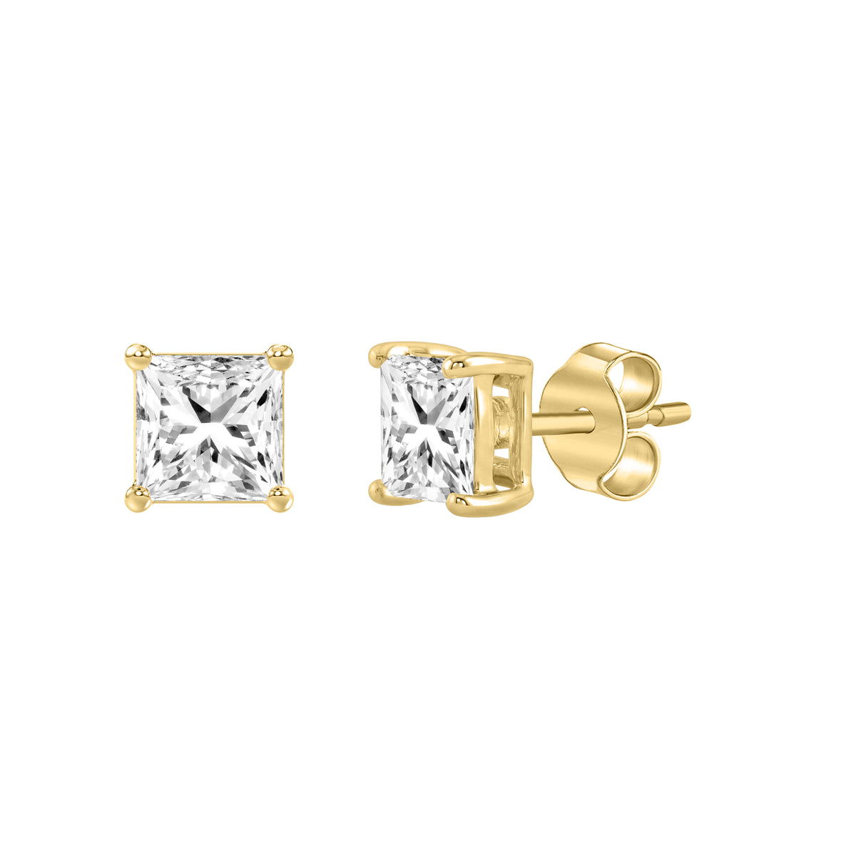 4-Prong Basket Princess Lab Grown Diamond Stud Earrings 1 ct Yellow Gold flat view