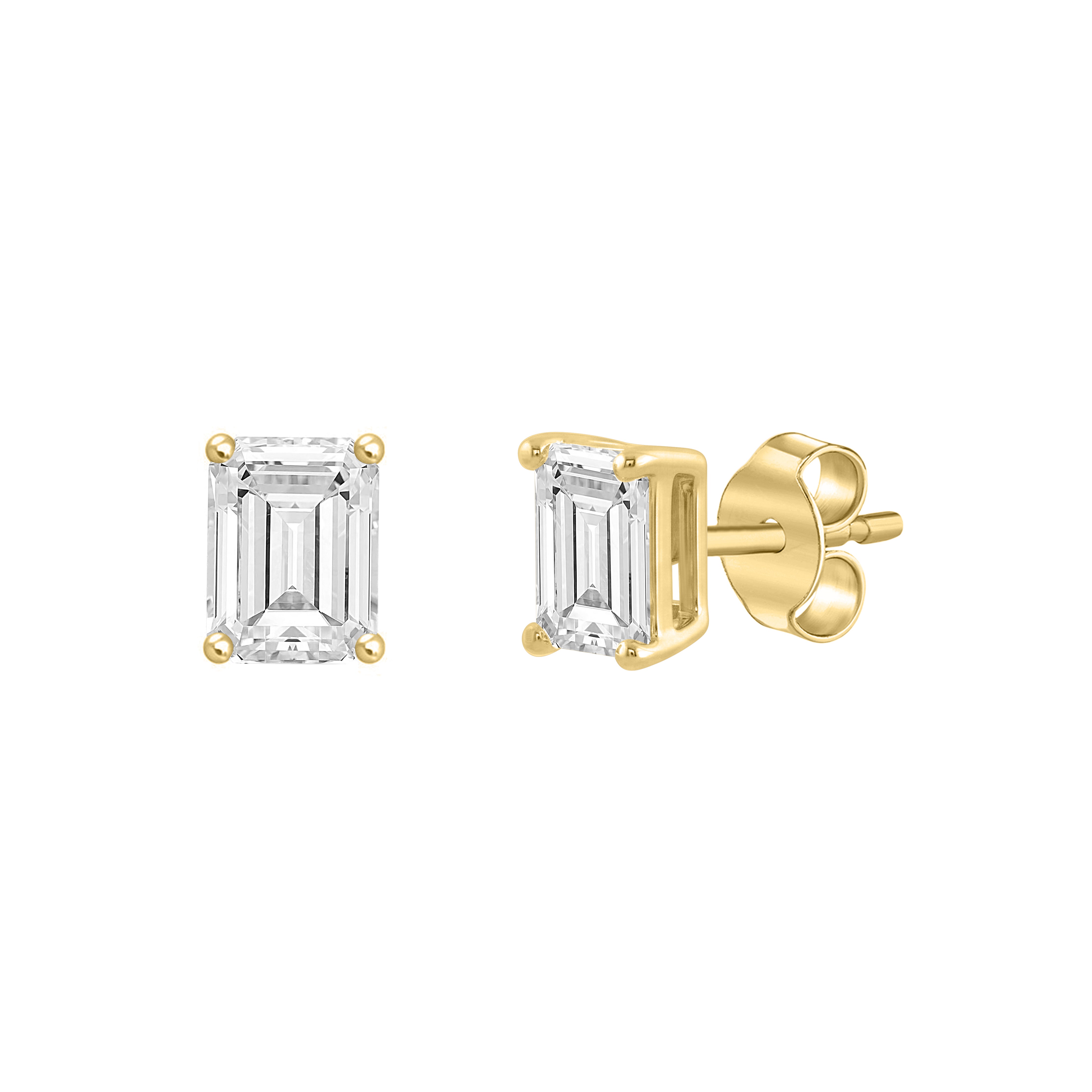 4-Prong Basket Emerald Cut Lab Grown Diamond Stud Earrings 1 ct Yellow Gold flat view