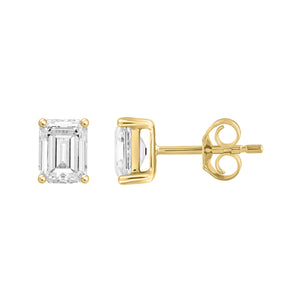 4-Prong Basket Emerald Cut Lab Grown Diamond Stud Earrings 2 ct Yellow Gold down view