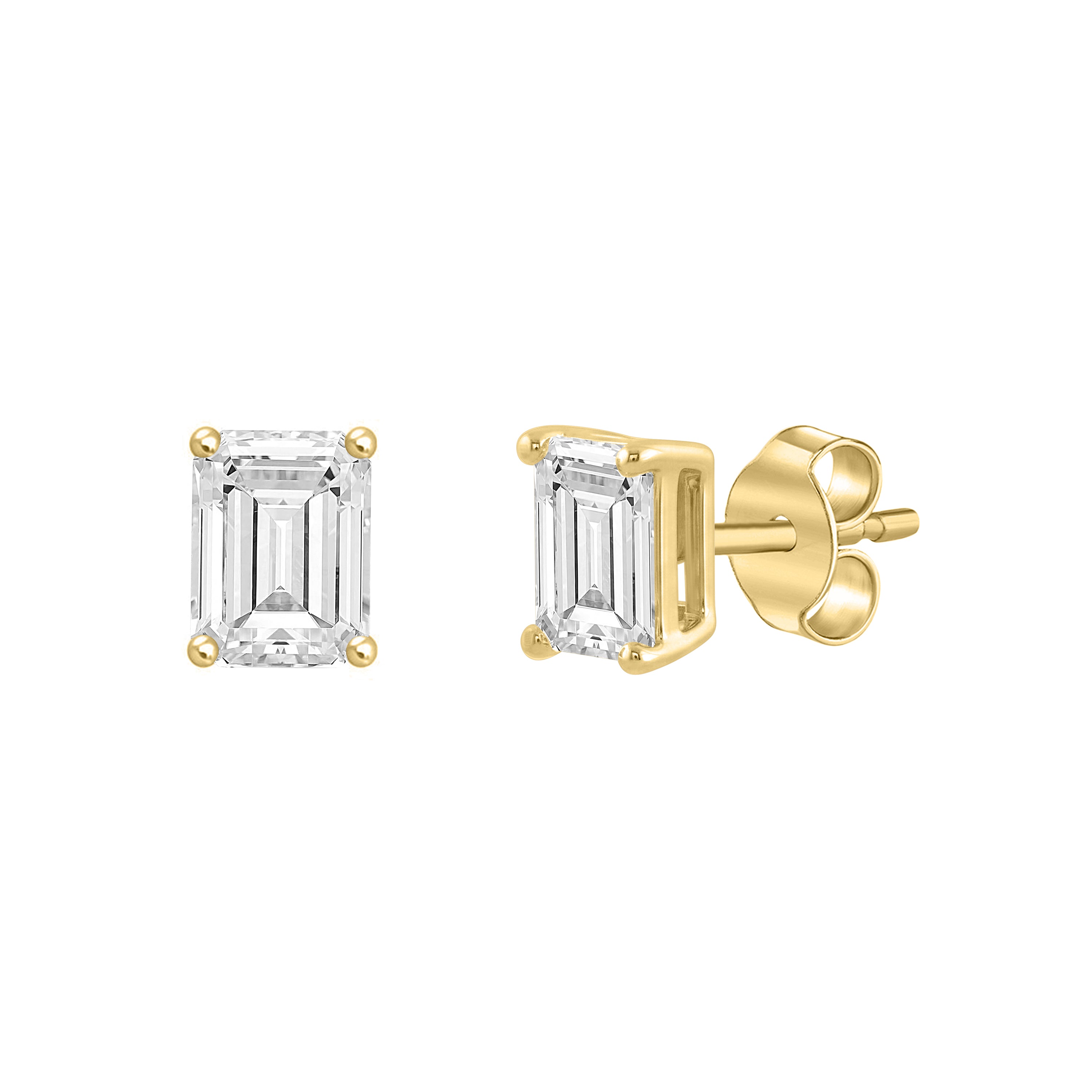 4-Prong Basket Emerald Cut Lab Grown Diamond Stud Earrings 2 ct Yellow Gold flat view