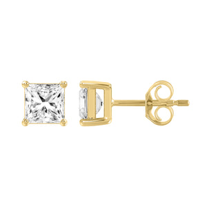 4-Prong Basket Princess Lab Grown Diamond Stud Earrings 3 ct Yellow Gold down view