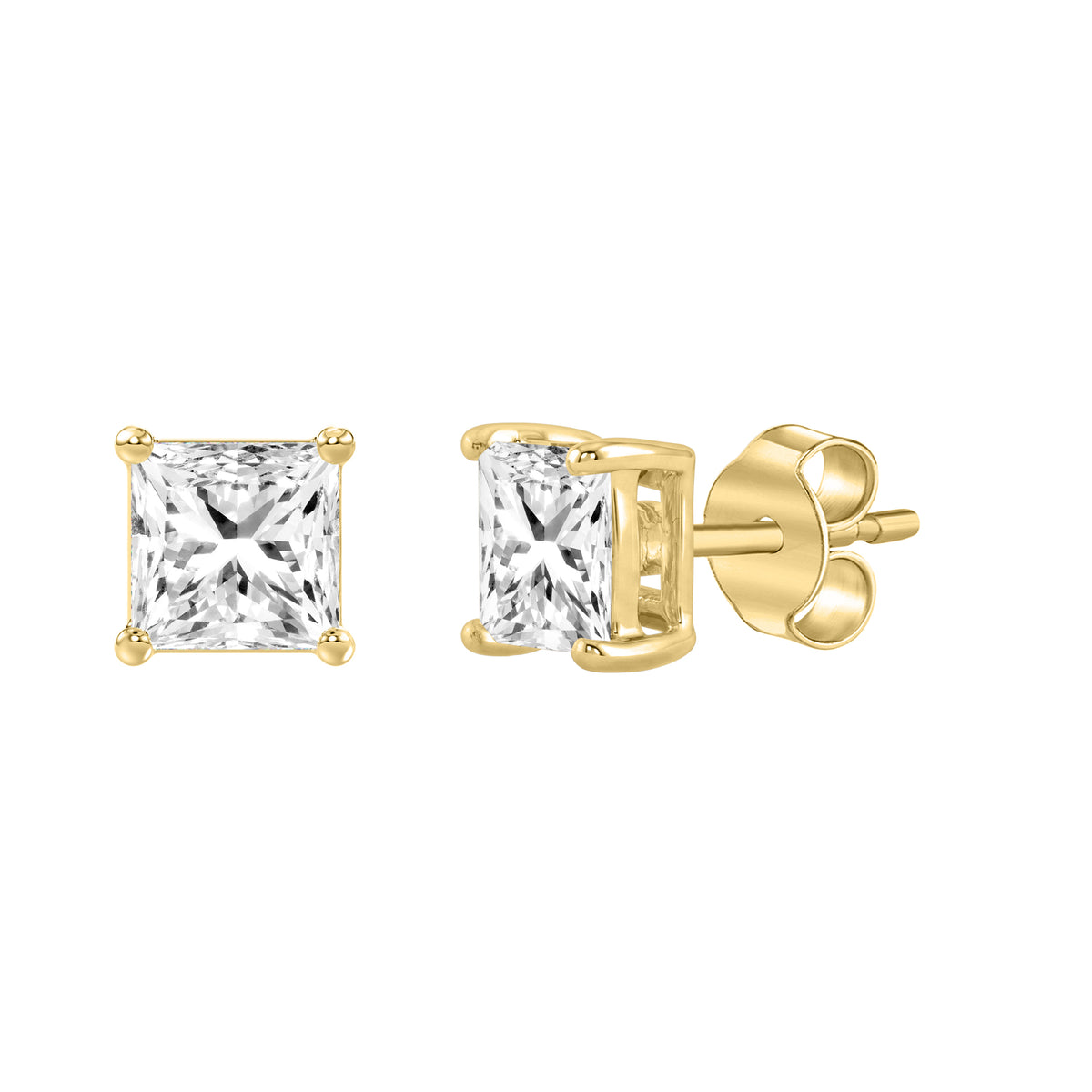 4-Prong Basket Princess Lab Grown Diamond Stud Earrings 3 ct Yellow Gold flat view