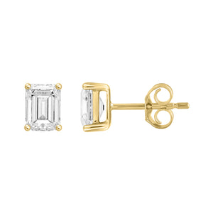 4-Prong Basket Emerald Cut Lab Grown Diamond Stud Earrings 3 ct Yellow Gold down view