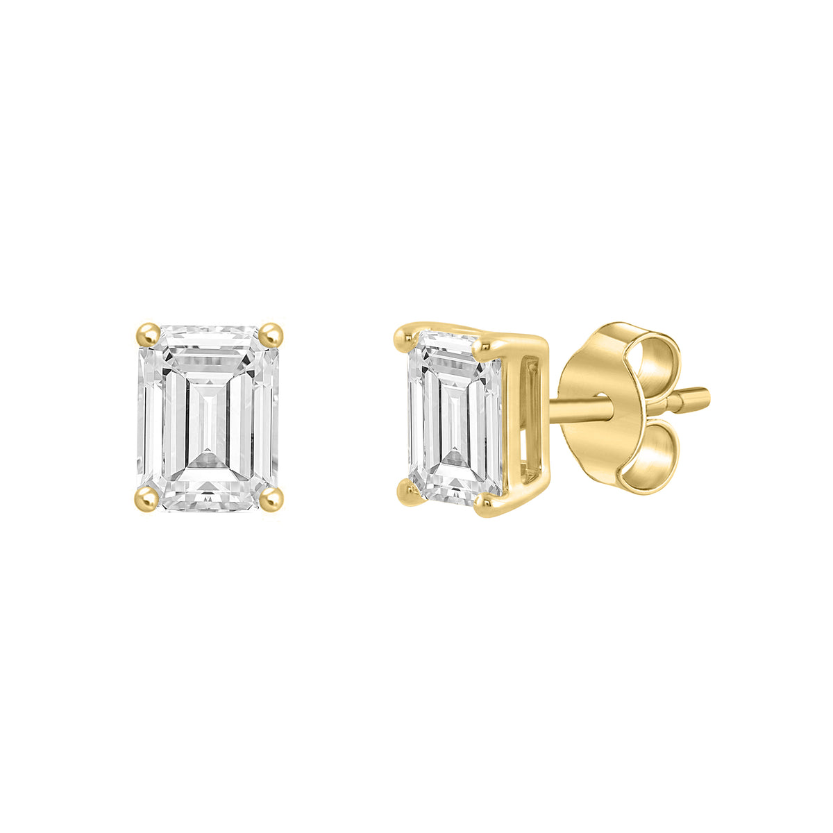 4-Prong Basket Emerald Cut Lab Grown Diamond Stud Earrings 3 ct Yellow Gold flat view