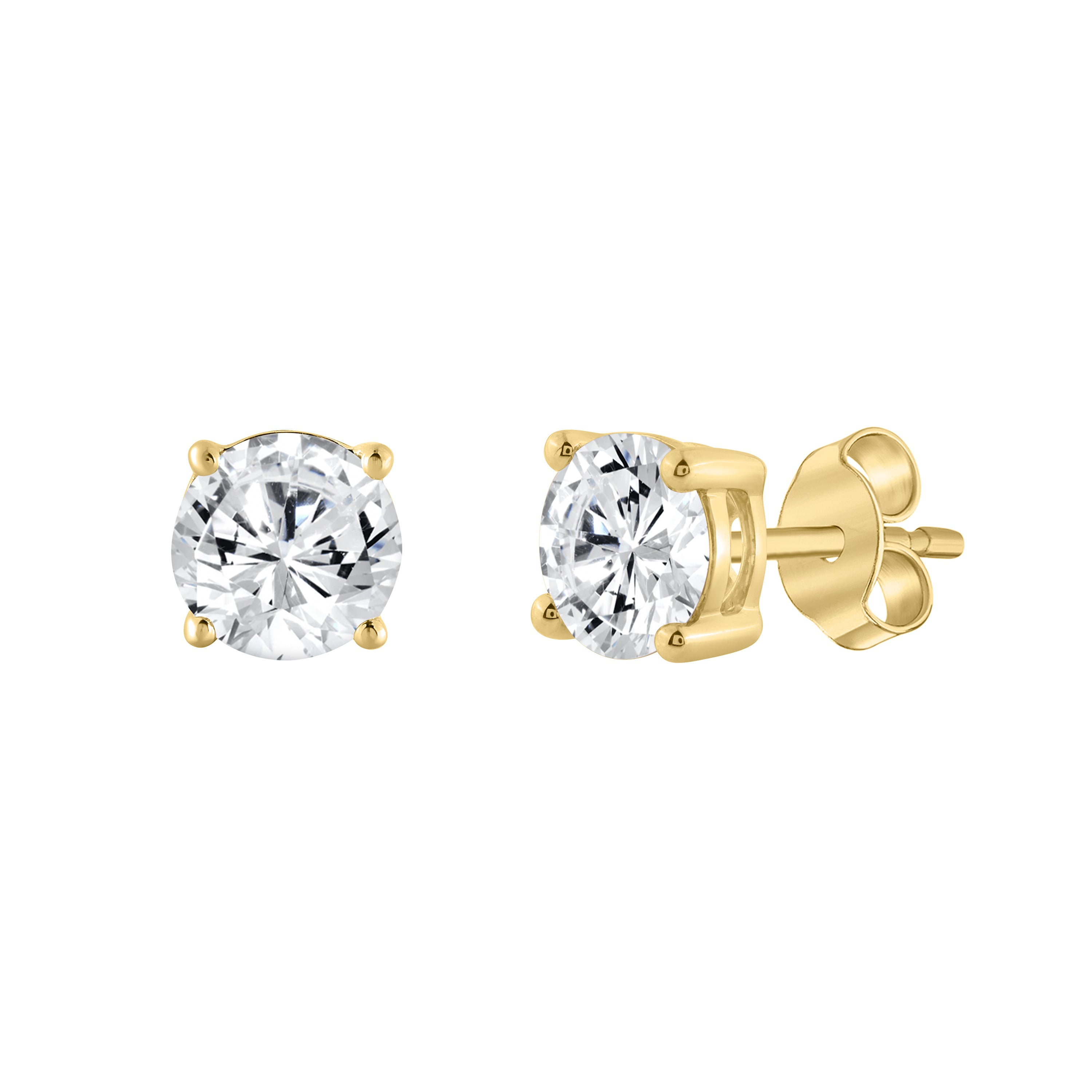 4-Prong Basket Round Brilliant Lab Grown Diamond Stud Earrings 2 ct Yellow Gold flat view