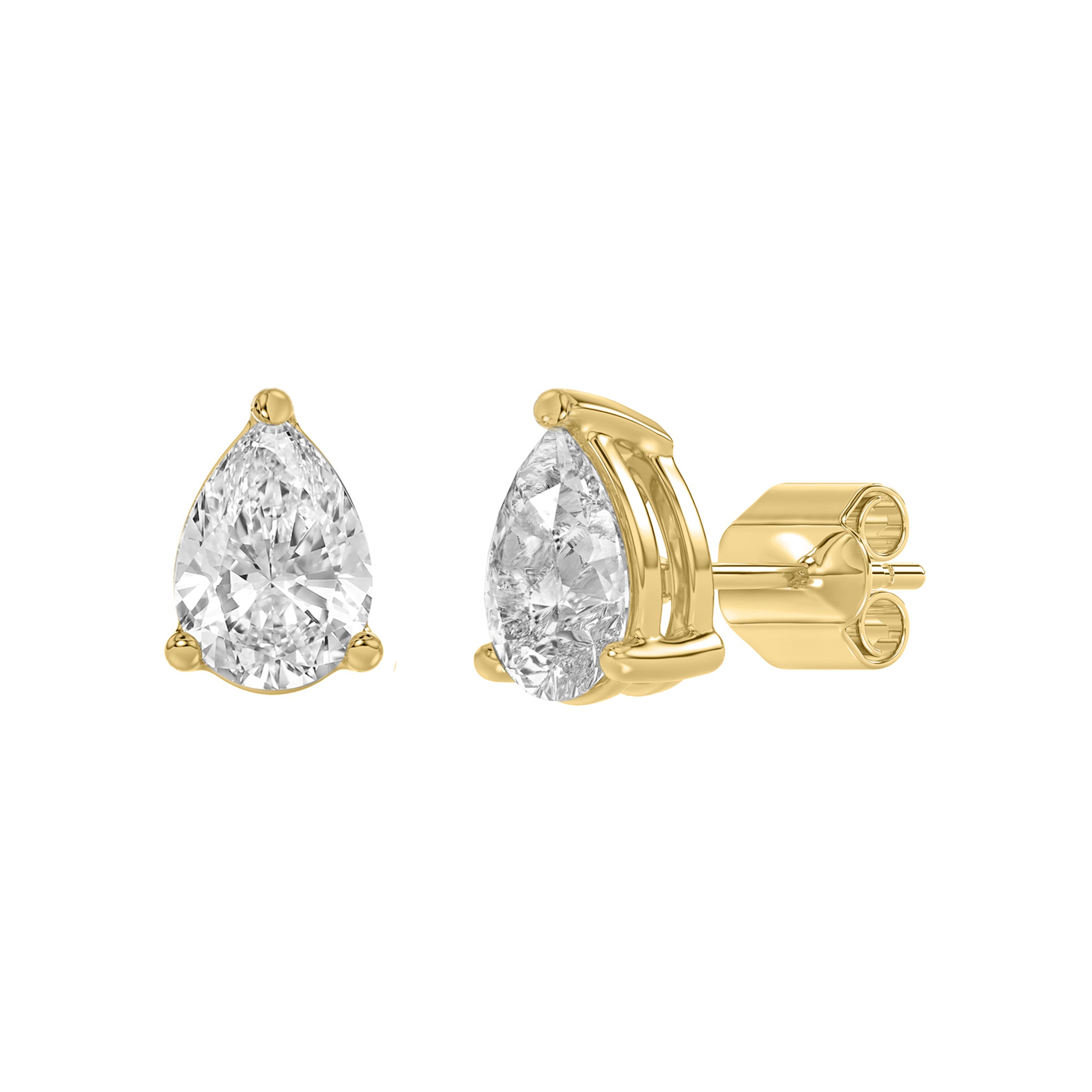 3-Prong Basket Pear Lab Grown Diamond Stud Earrings 1.5 ct Yellow Gold flat view