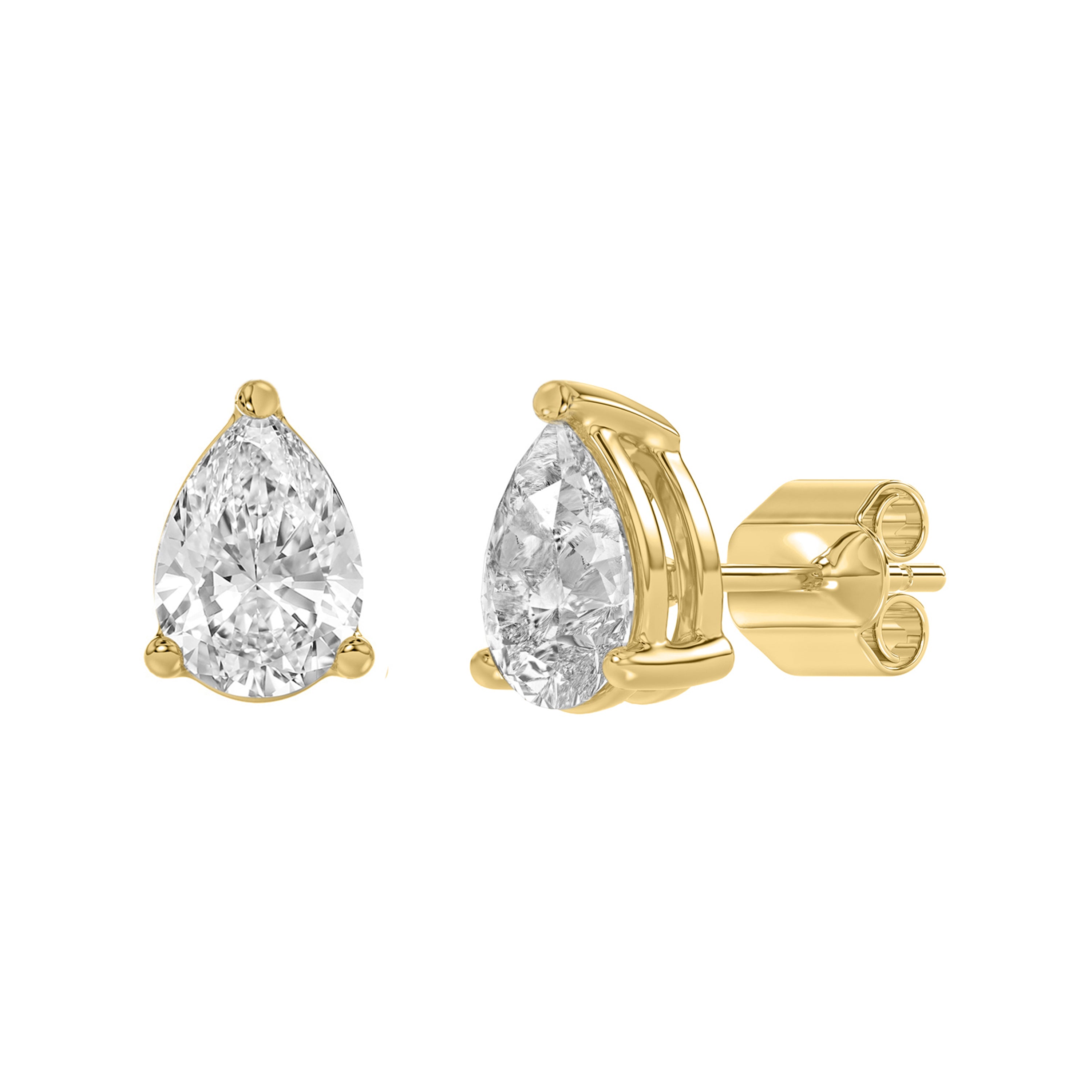 3-Prong Basket Pear Lab Grown Diamond Stud Earrings 2 ct Yellow Gold flat view