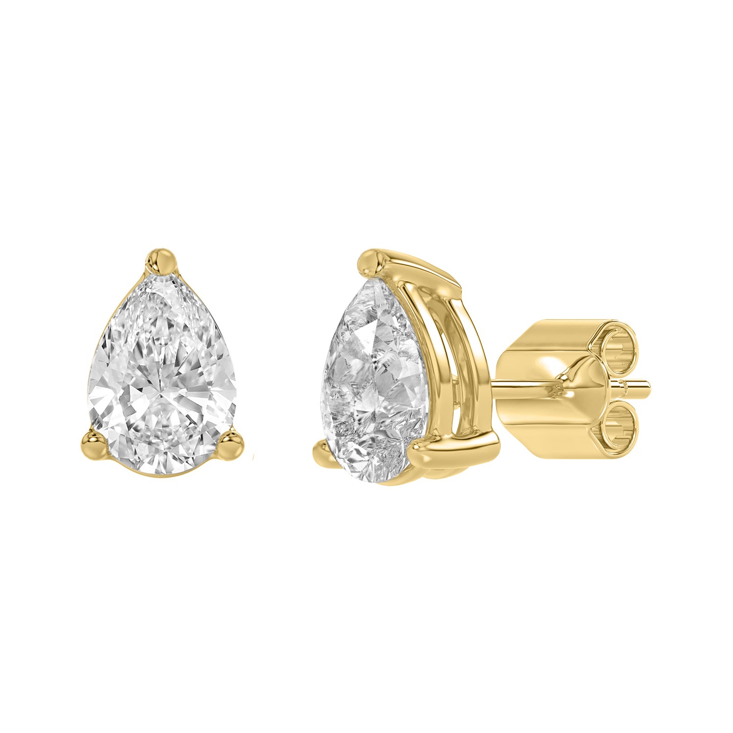 3-Prong Basket Pear Lab Grown Diamond Stud Earrings 3 ct Yellow Gold flat view