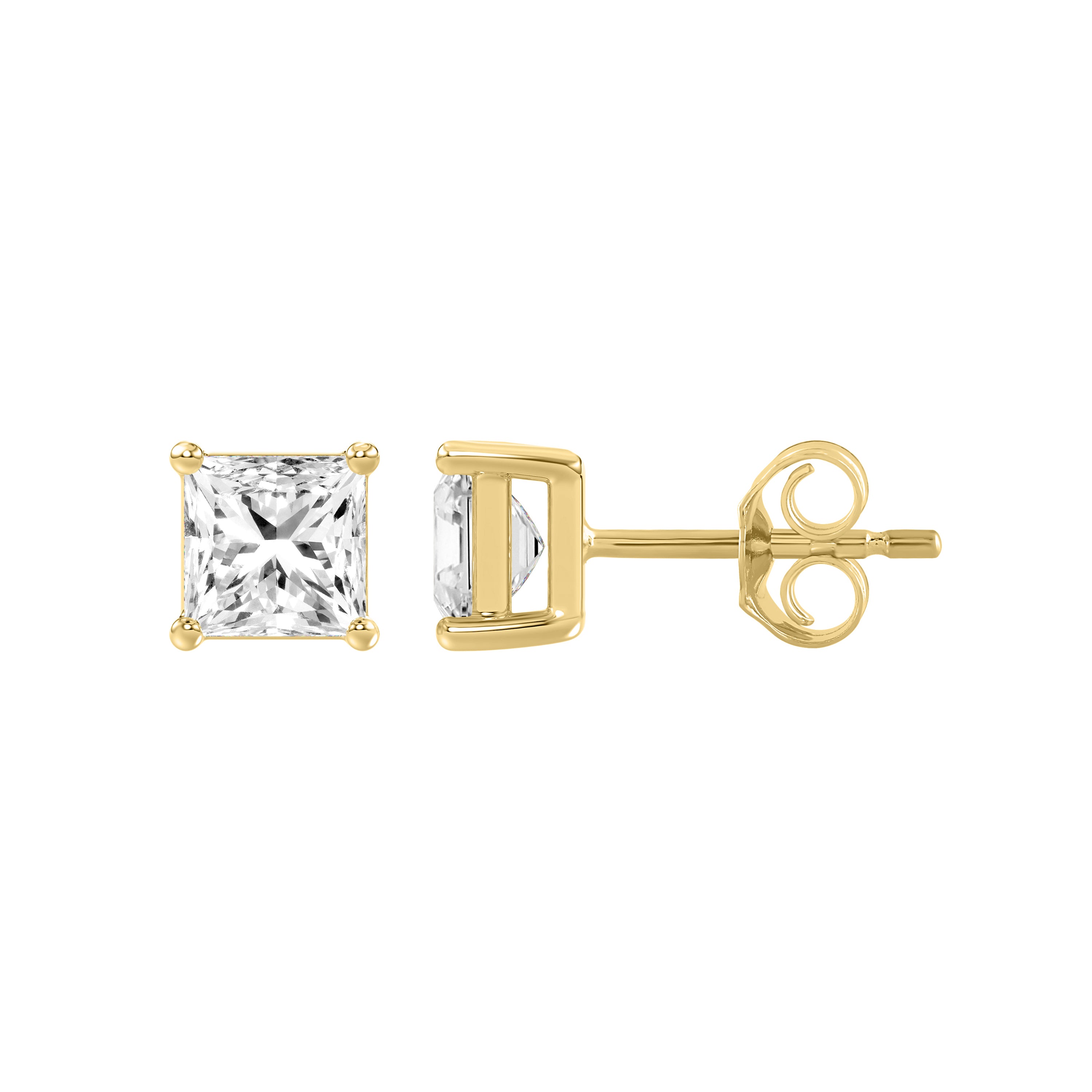 4-Prong Basket Princess Lab Grown Diamond Stud Earrings 0.46 ct Yellow Gold down view