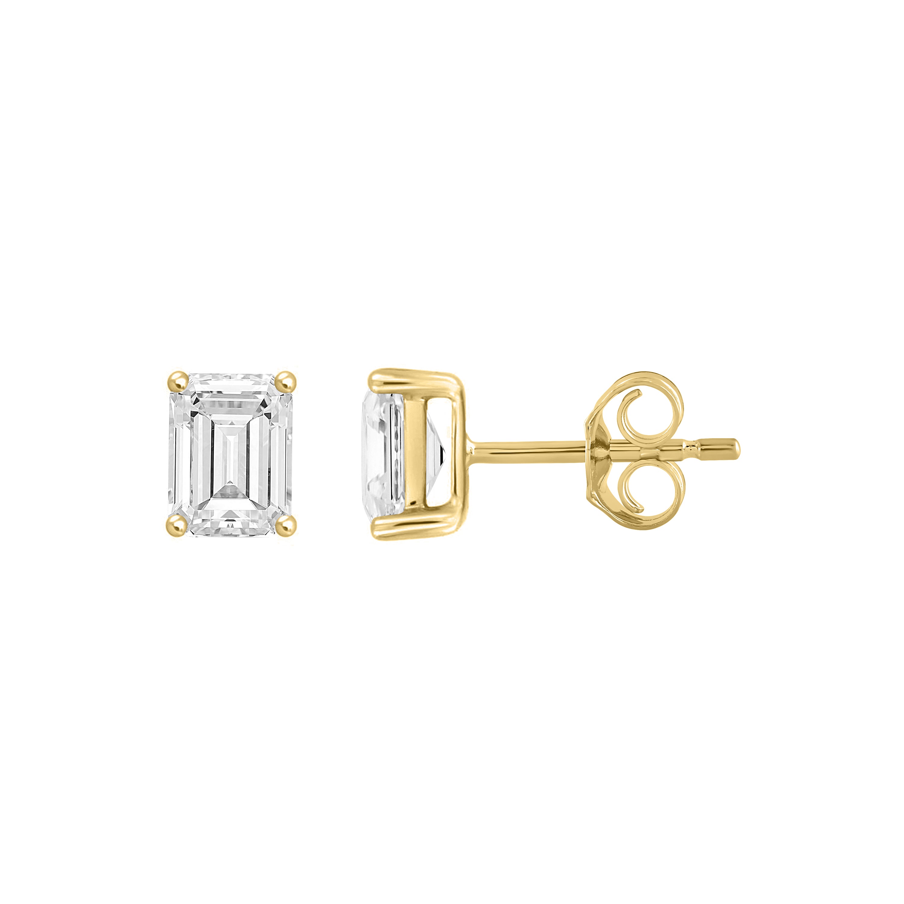 4-Prong Basket Emerald Cut Lab Grown Diamond Stud Earrings 0.5 ct Yellow Gold down view