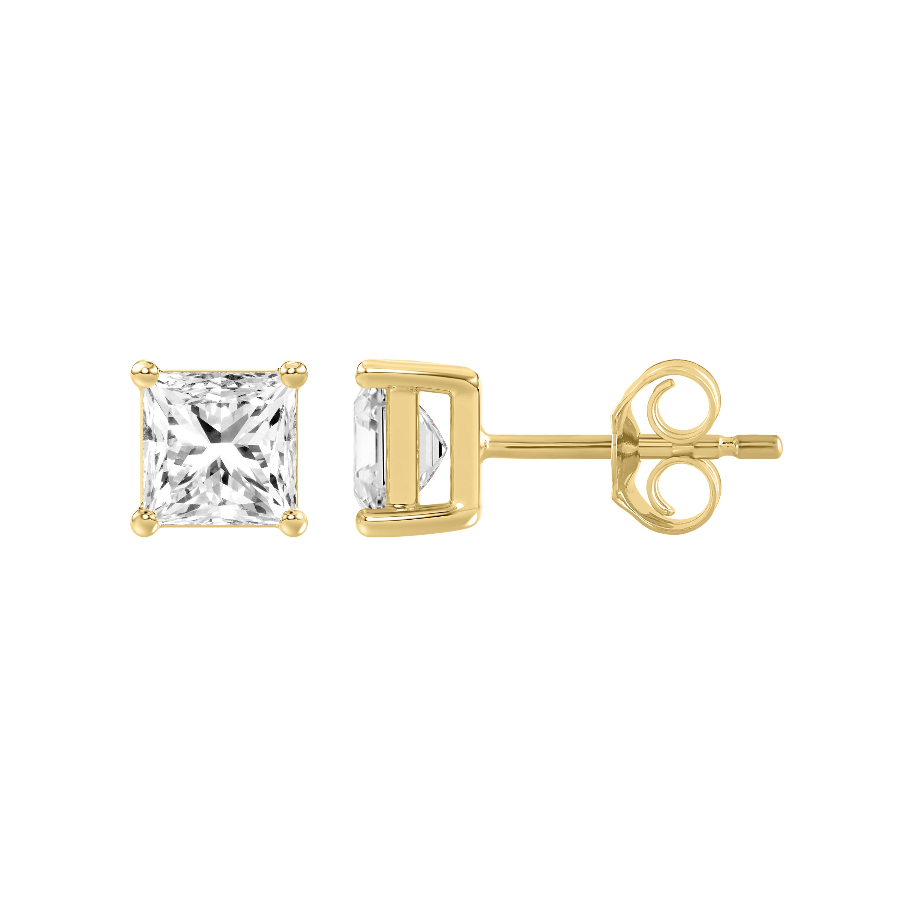 4-Prong Basket Princess Lab Grown Diamond Stud Earrings 1 ct Yellow Gold down view