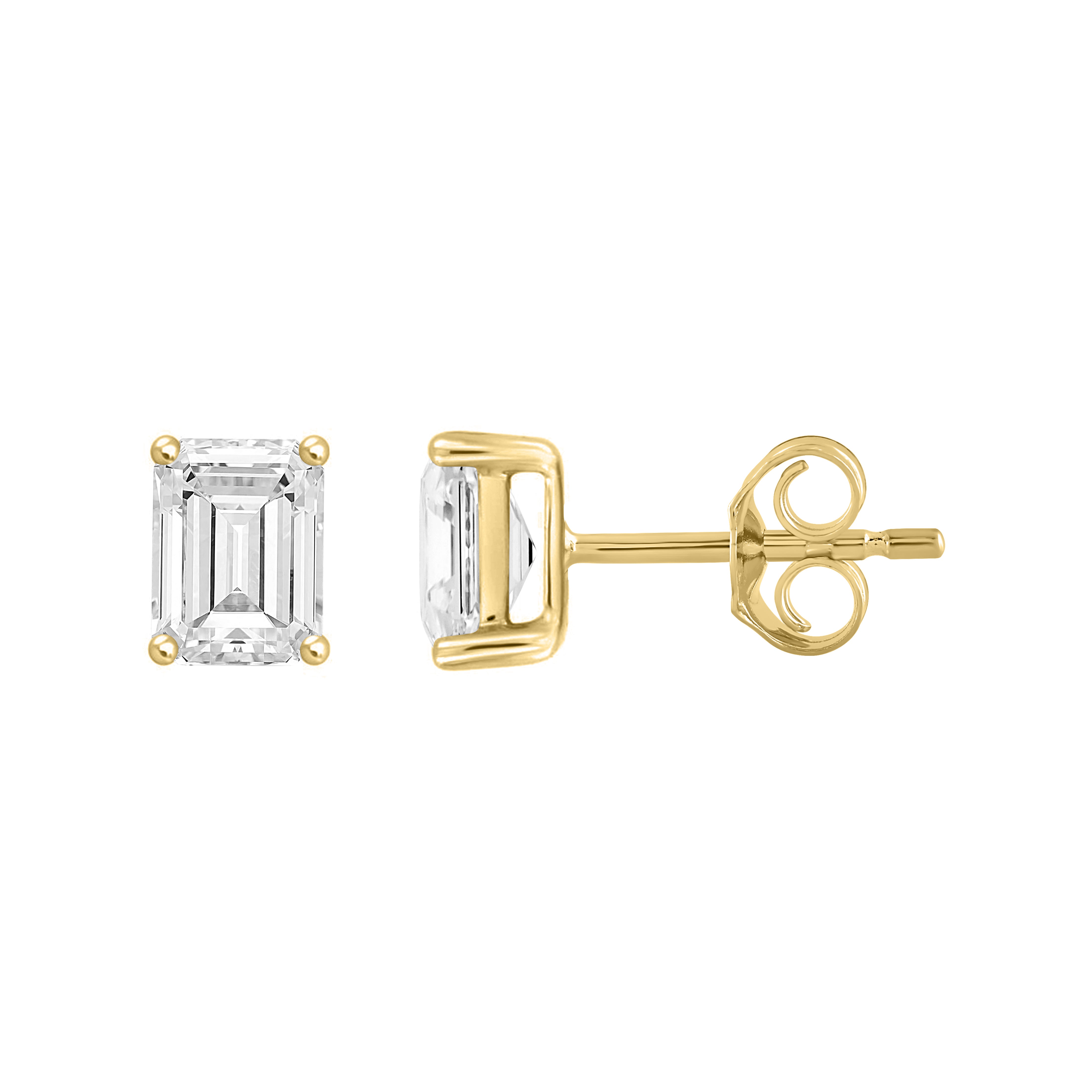 4-Prong Basket Emerald Cut Lab Grown Diamond Stud Earrings 1 ct Yellow Gold down view