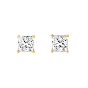 4-Prong Basket Princess Lab Grown Diamond Stud Earrings 2 ct Yellow Gold angle view