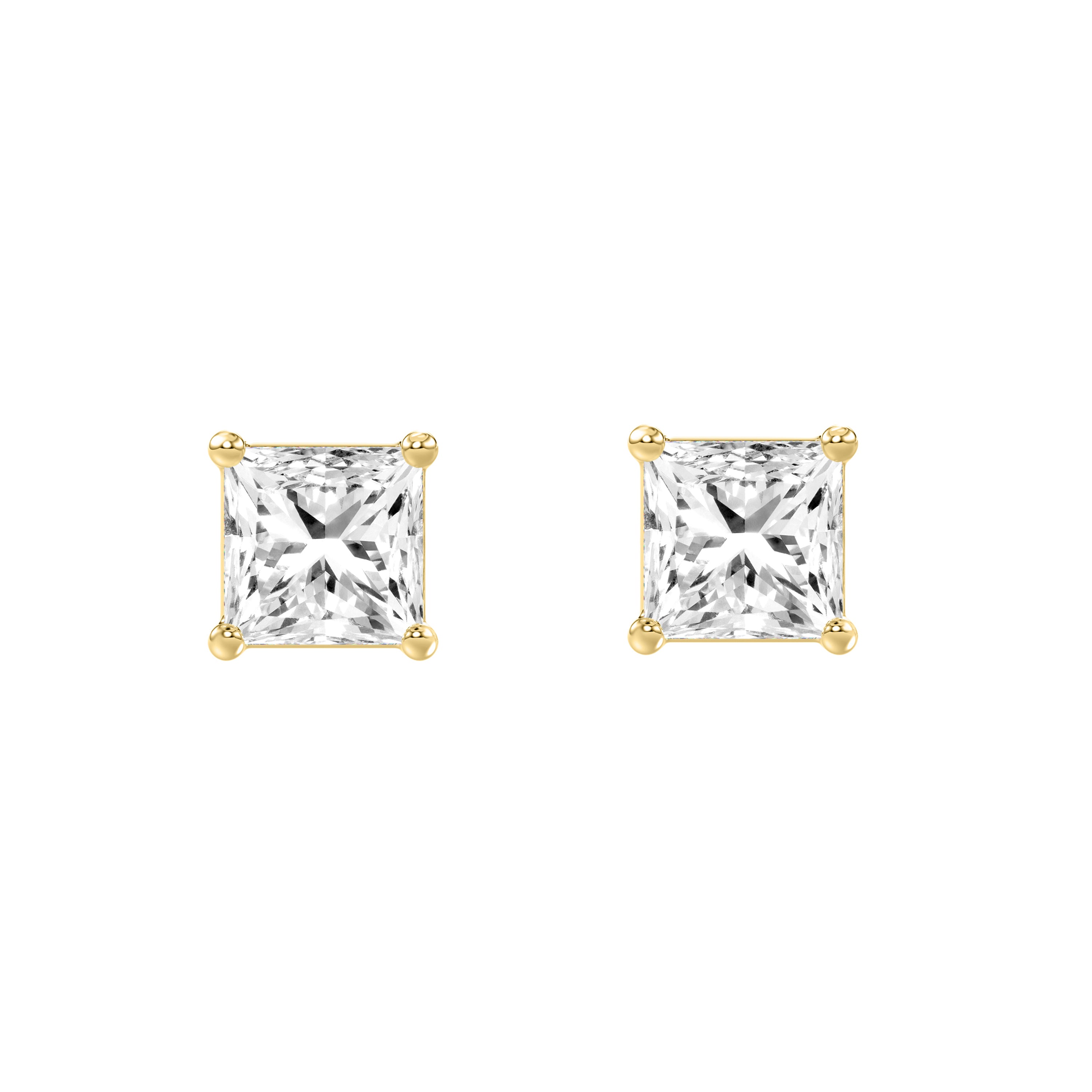 4-Prong Basket Princess Lab Grown Diamond Stud Earrings 2 ct Yellow Gold angle view