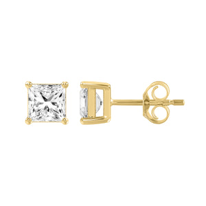 4-Prong Basket Princess Lab Grown Diamond Stud Earrings 2 ct Yellow Gold down view