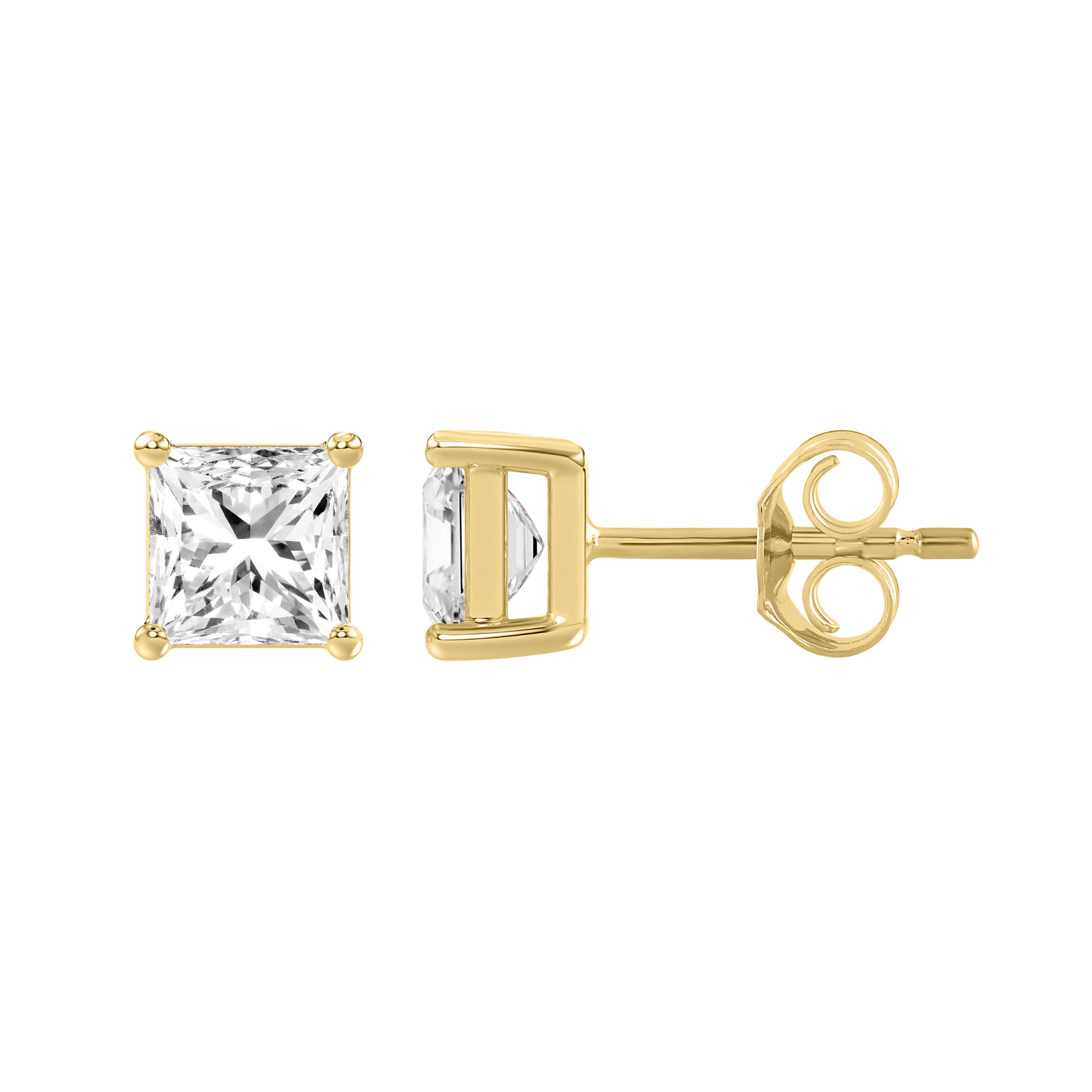 4-Prong Basket Princess Lab Grown Diamond Stud Earrings 2 ct Yellow Gold down view