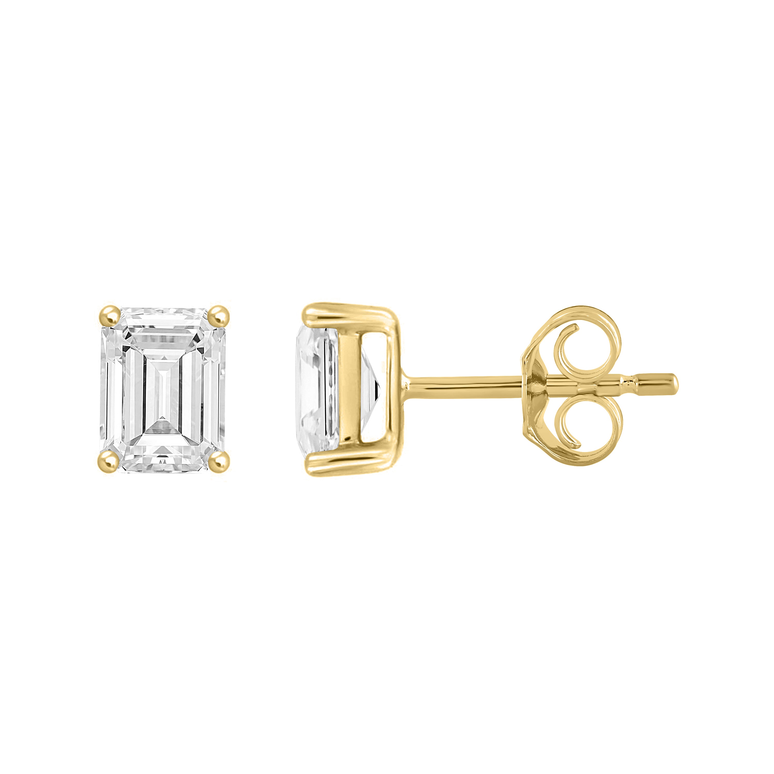 4-Prong Basket Emerald Cut Lab Grown Diamond Stud Earrings 2 ct Yellow Gold down view
