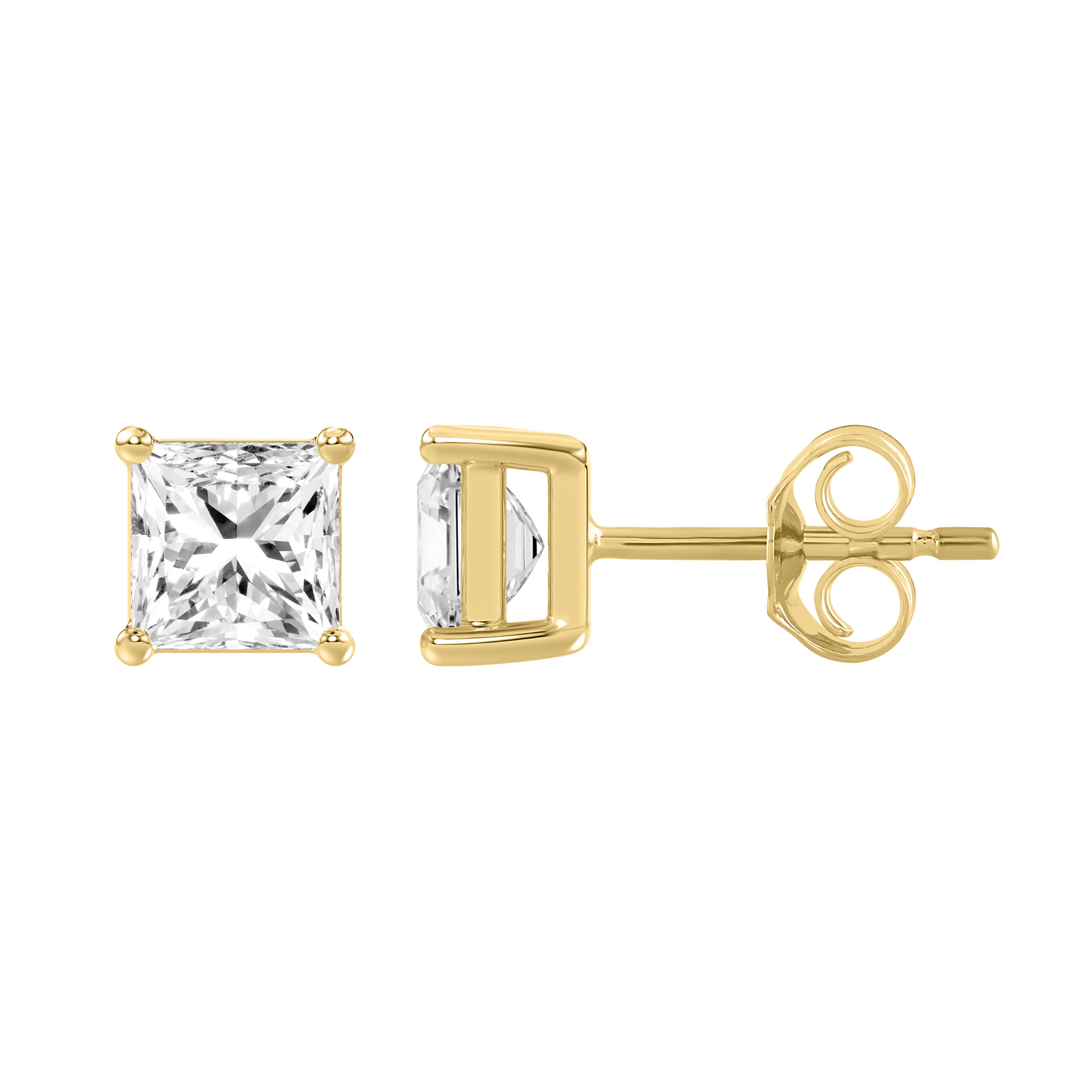 4-Prong Basket Princess Lab Grown Diamond Stud Earrings 3 ct Yellow Gold down view