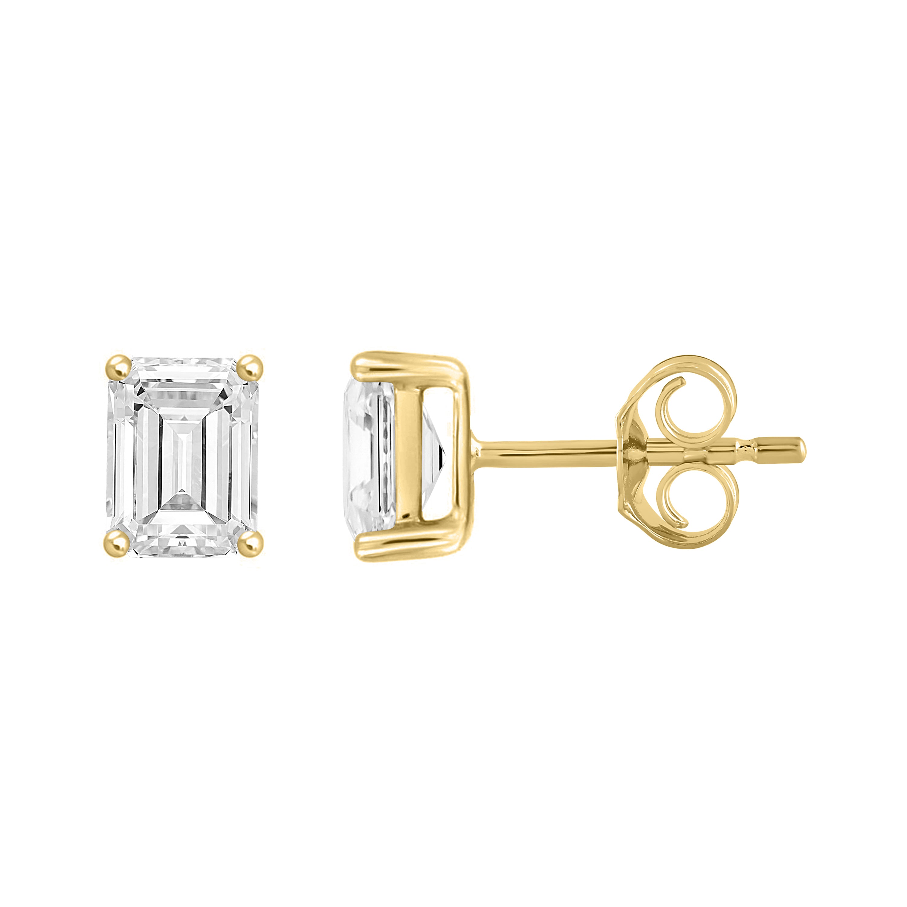 4-Prong Basket Emerald Cut Lab Grown Diamond Stud Earrings 3 ct Yellow Gold down view