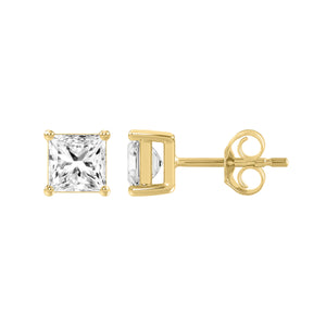 4-Prong Basket Princess Lab Grown Diamond Stud Earrings 1.5 ct Yellow Gold down view