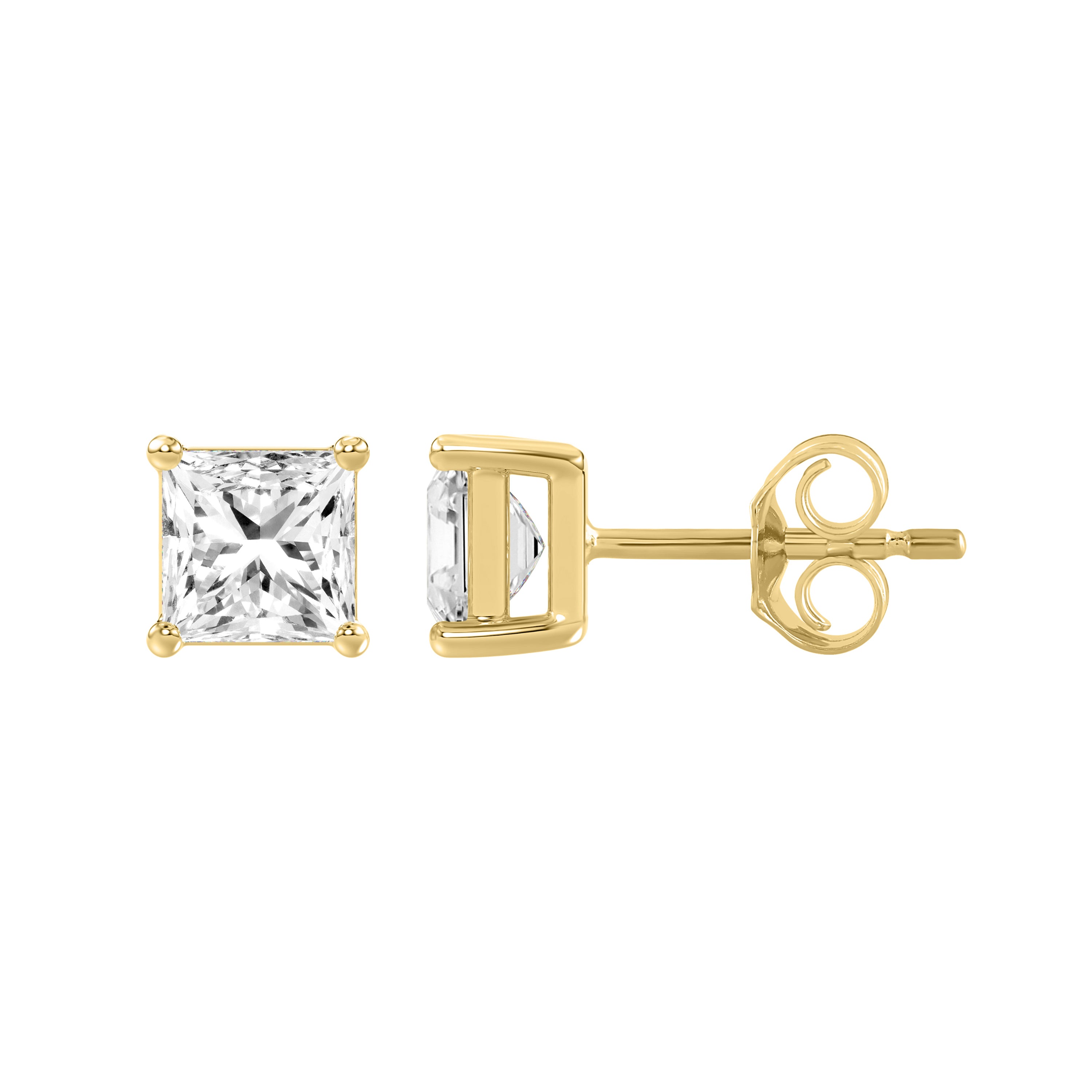 4-Prong Basket Princess Lab Grown Diamond Stud Earrings 1.5 ct Yellow Gold down view
