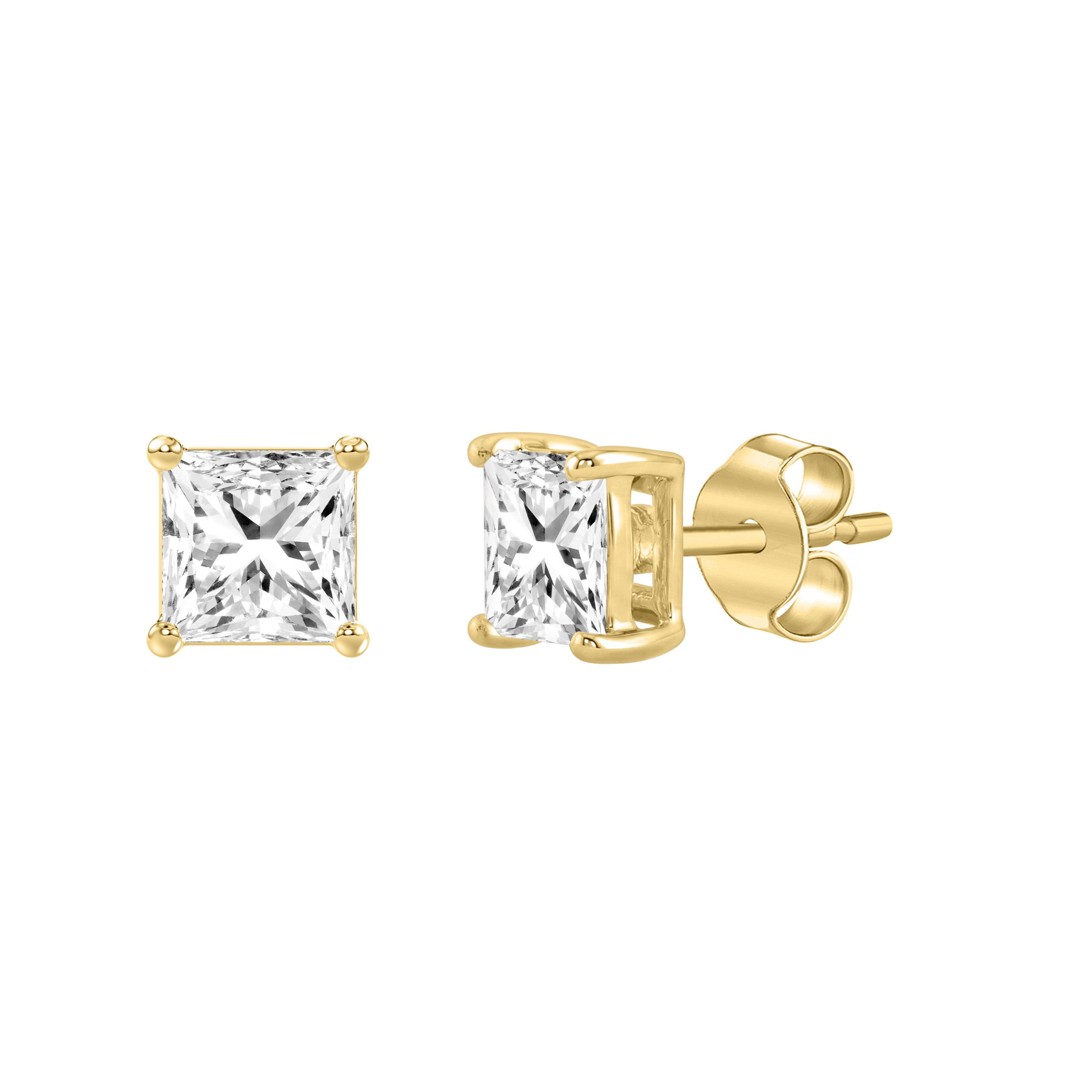 4-Prong Basket Princess Lab Grown Diamond Stud Earrings 1.5 ct Yellow Gold flat view