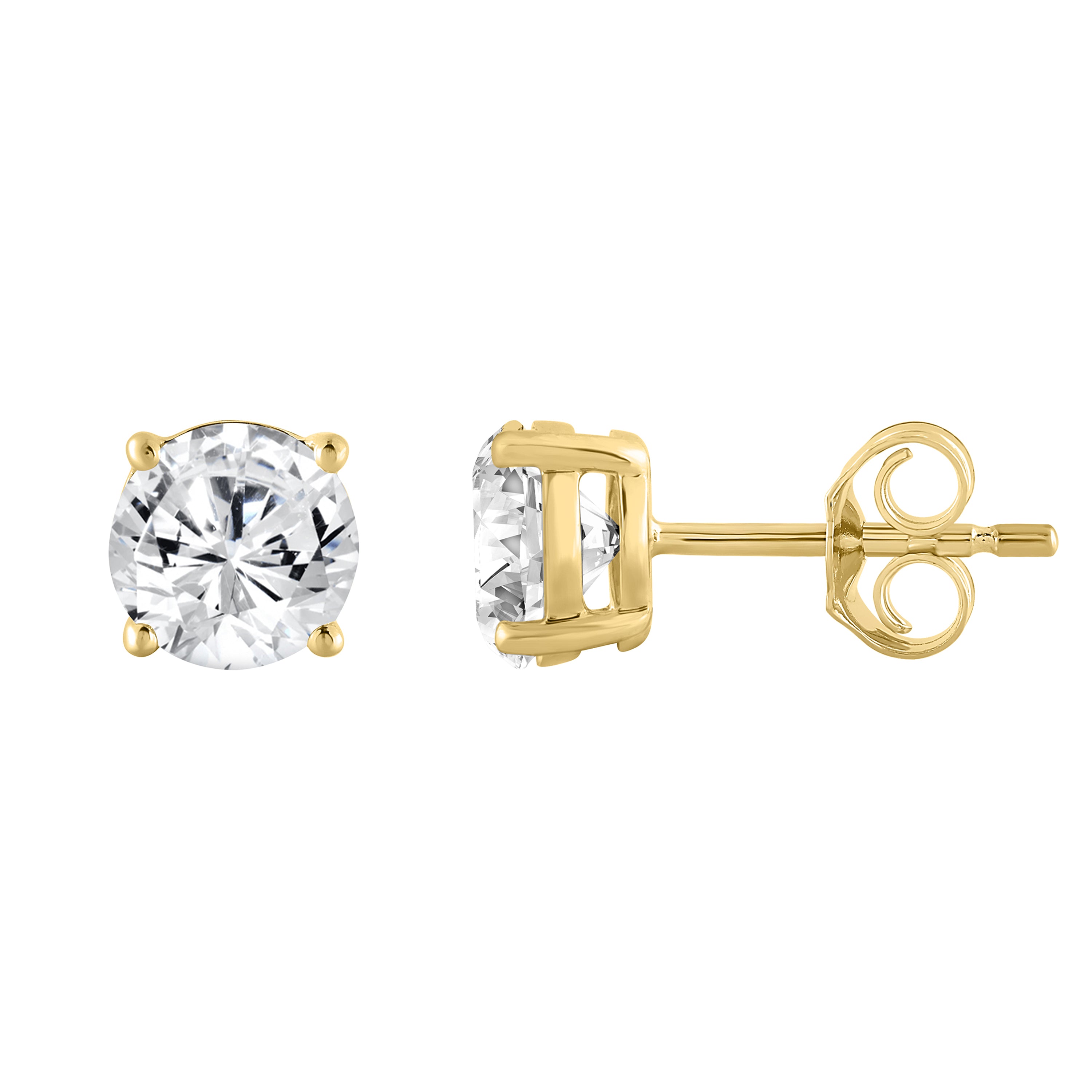 4-Prong Basket Round Brilliant Lab Grown Diamond Stud Earrings 3 ct Yellow Gold down view