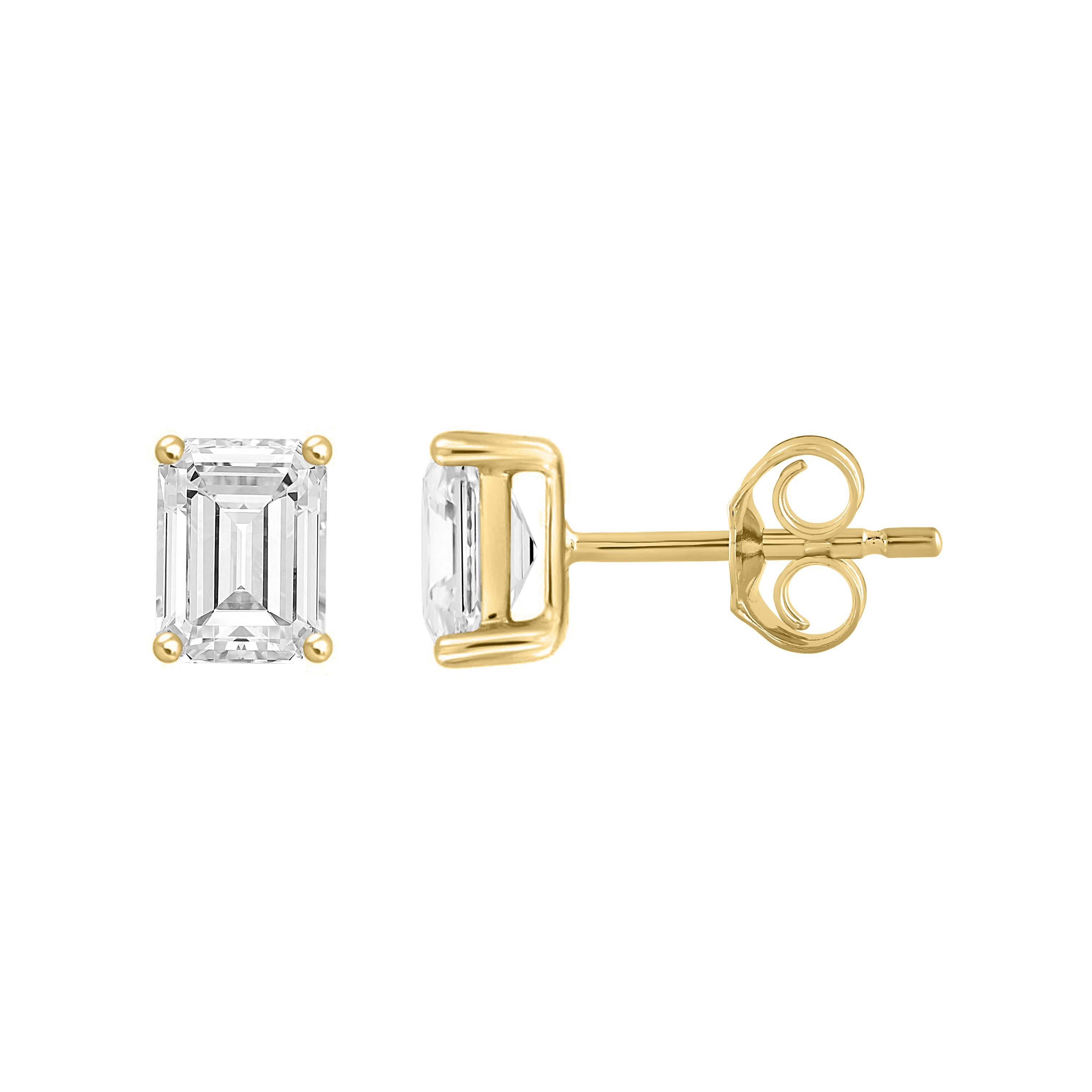 4-Prong Basket Emerald Cut Lab Grown Diamond Stud Earrings 1.5 ct Yellow Gold down view