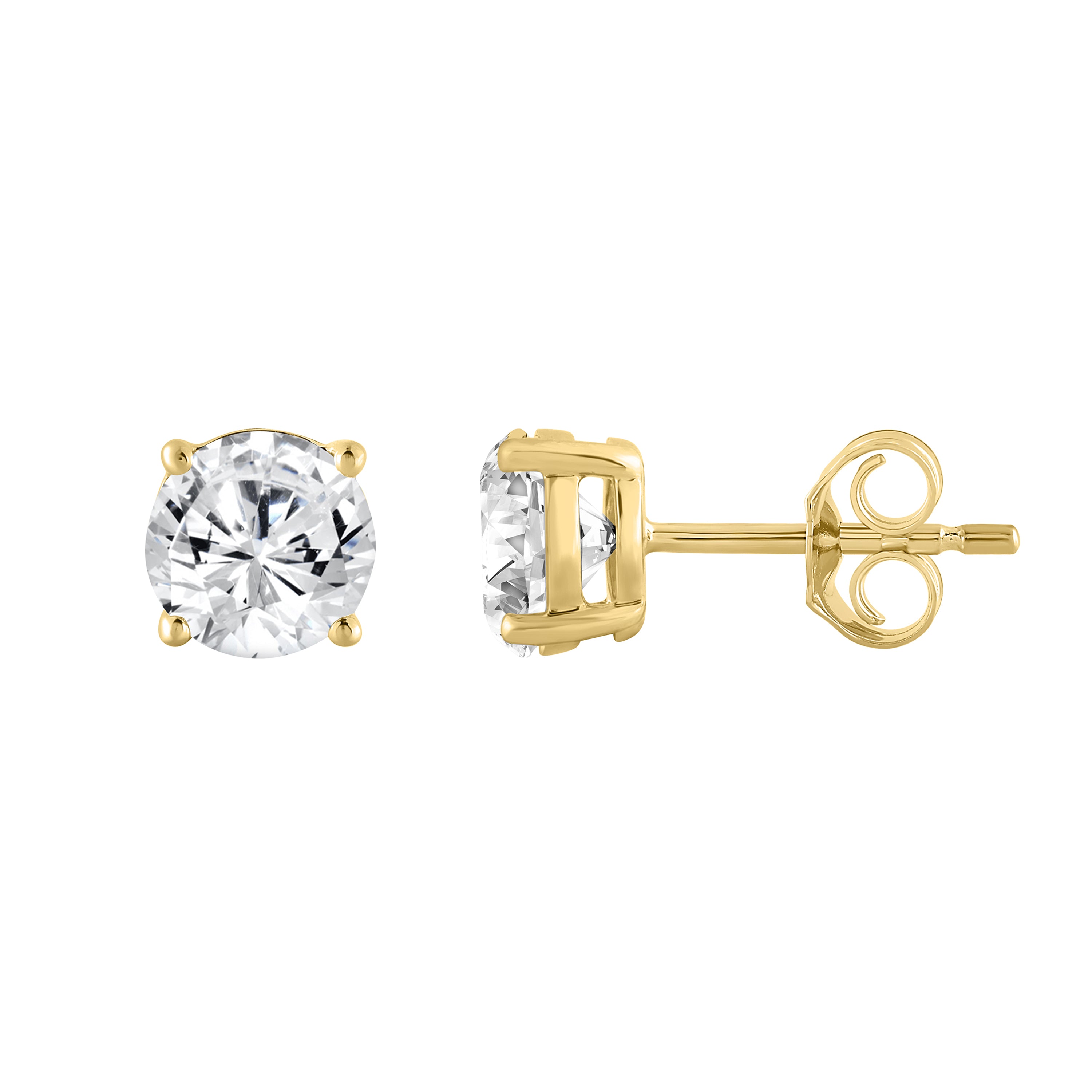 4-Prong Basket Round Brilliant Lab Grown Diamond Stud Earrings 2 ct Yellow Gold down view