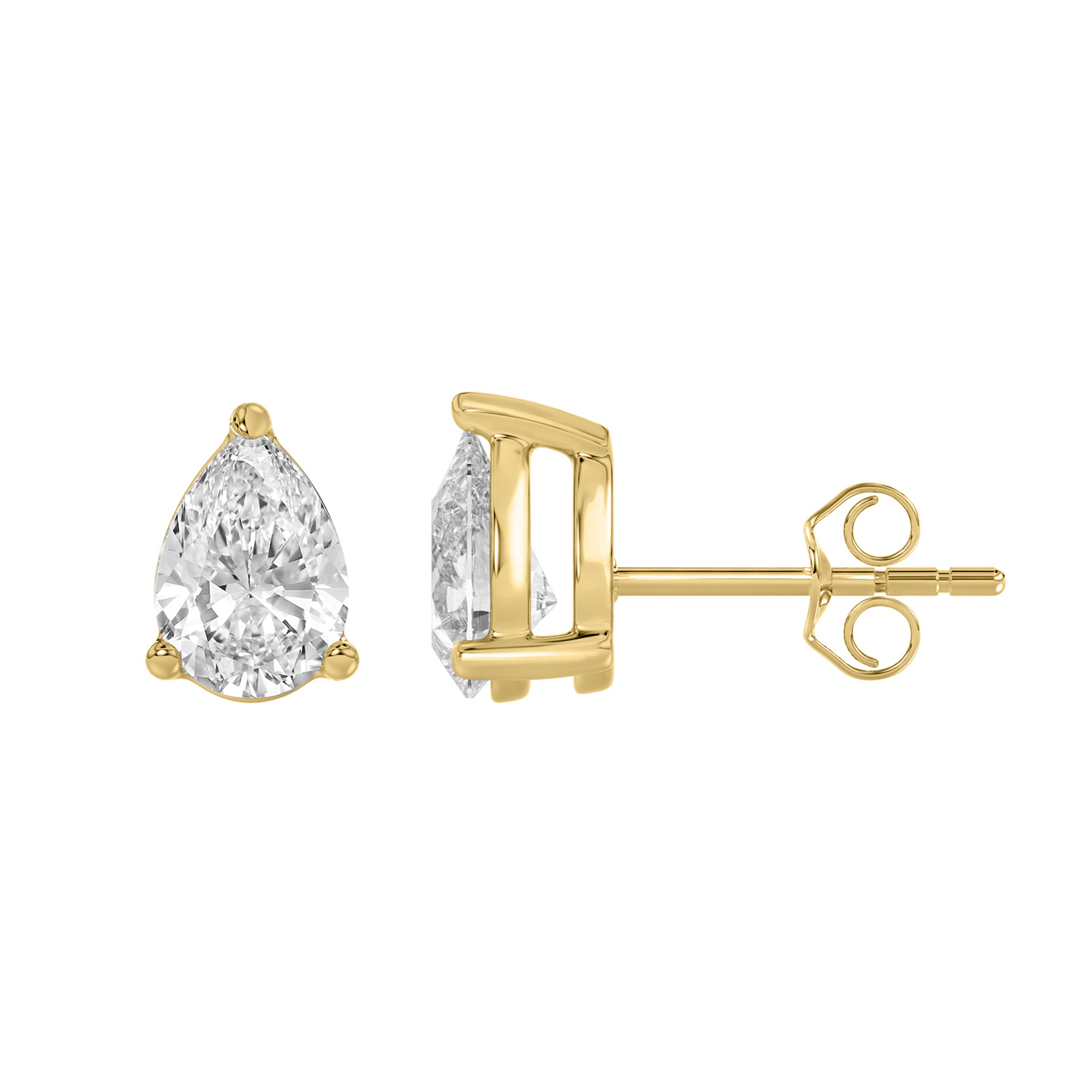 3-Prong Basket Pear Lab Grown Diamond Stud Earrings 2 ct Yellow Gold down view