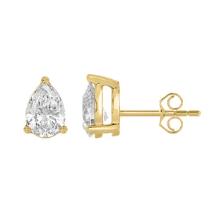 3-Prong Basket Pear Lab Grown Diamond Stud Earrings 3 ct Yellow Gold down view