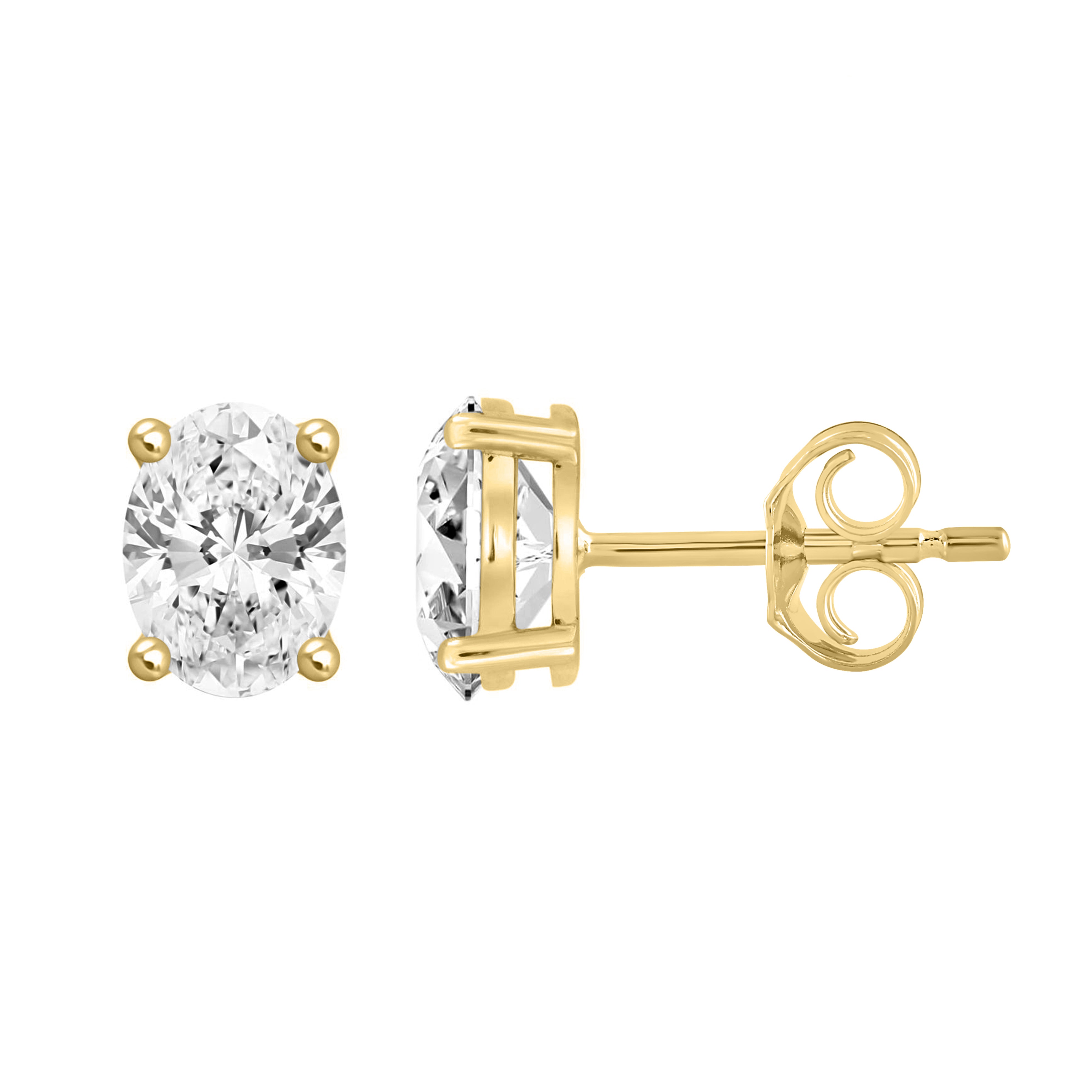 4-Prong Basket Oval Lab Grown Diamond Stud Earrings 1.5 ct Yellow Gold down view