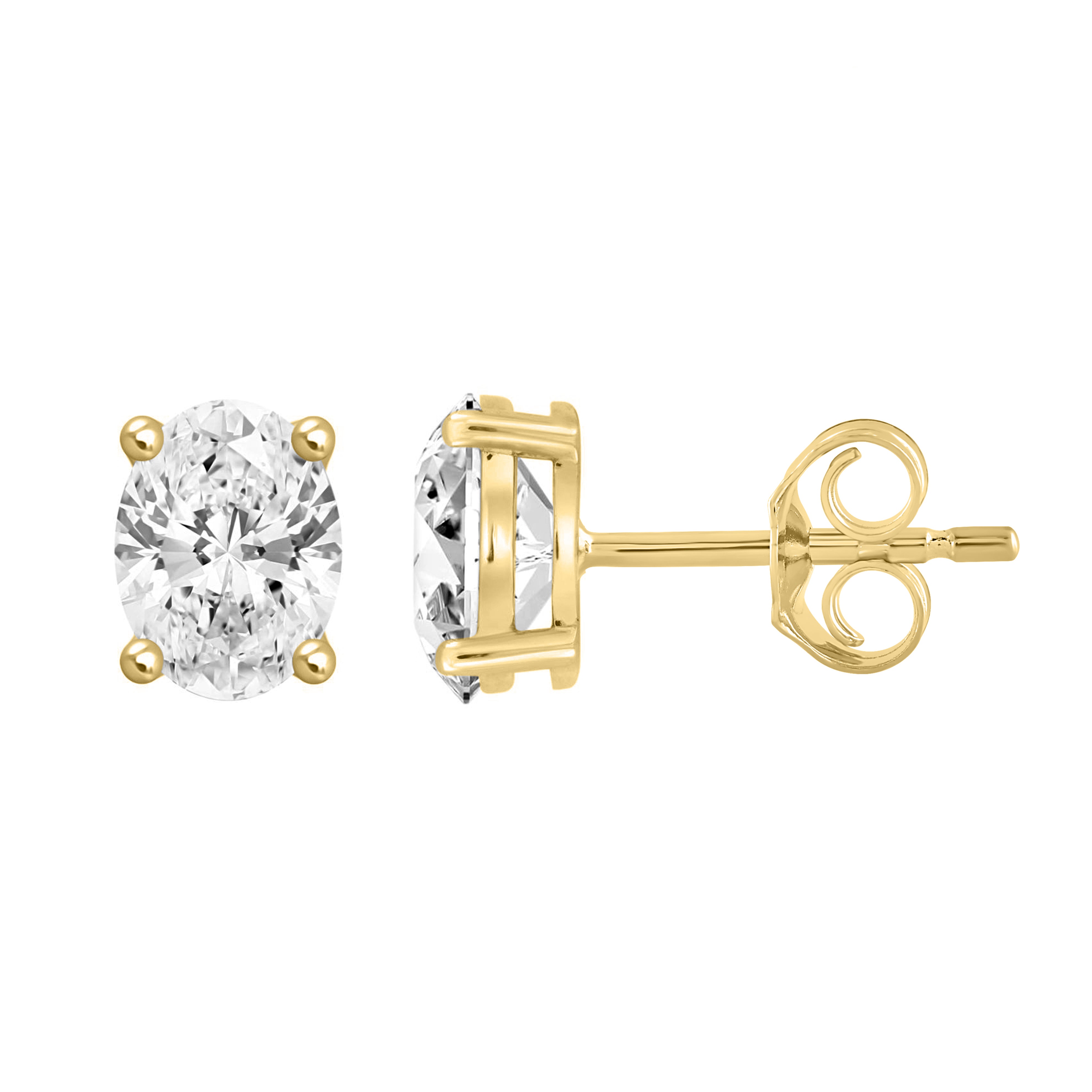 4-Prong Basket Oval Lab Grown Diamond Stud Earrings 2 ct Yellow Gold down view