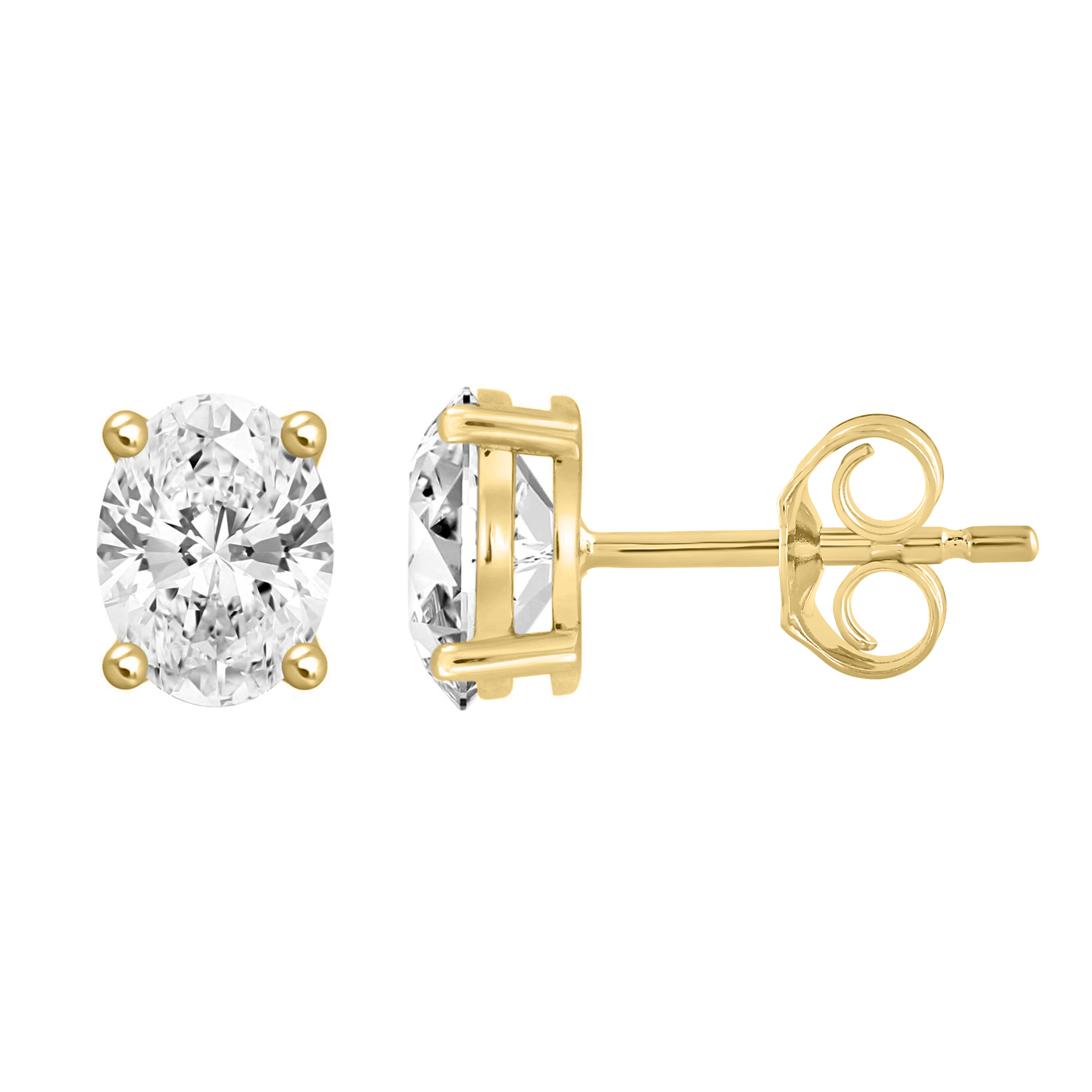 4-Prong Basket Oval Lab Grown Diamond Stud Earrings 3 ct Yellow Gold down view